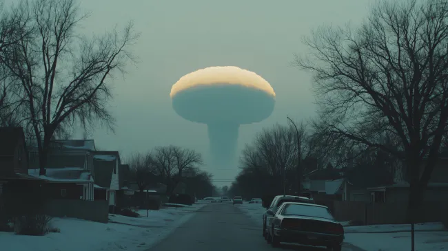 Nuclear explosion rising above suburban street